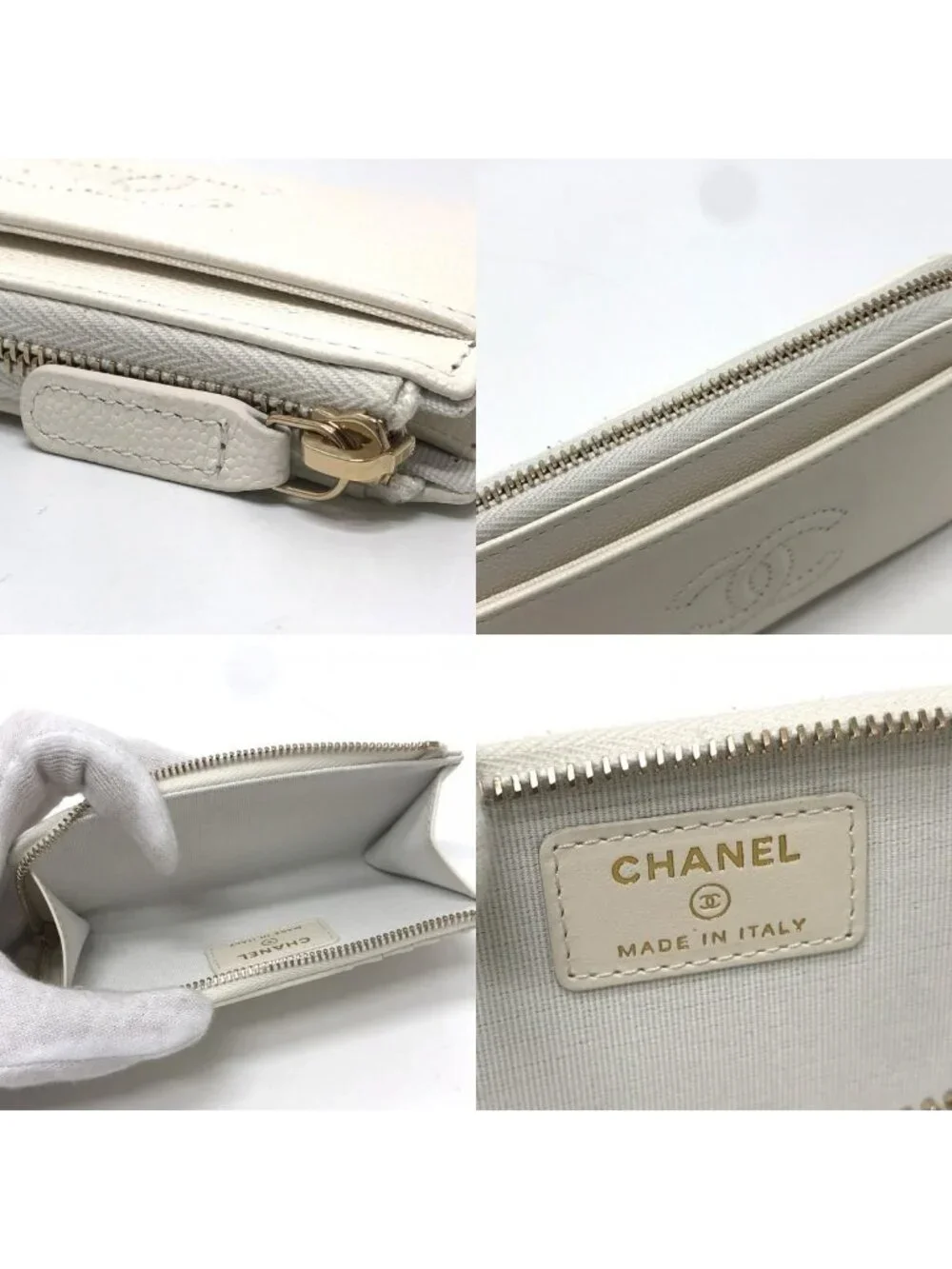 Chanel Card Case CC Logo Wallet Coin Purse Caviar Leather White